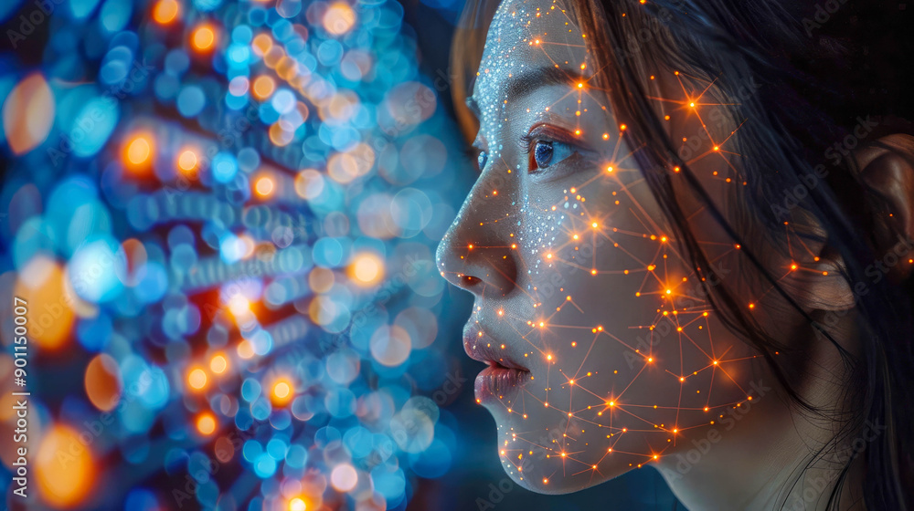 Poster close-up of a woman looking at a futuristic digital interface with glowing graphics and data on a bl