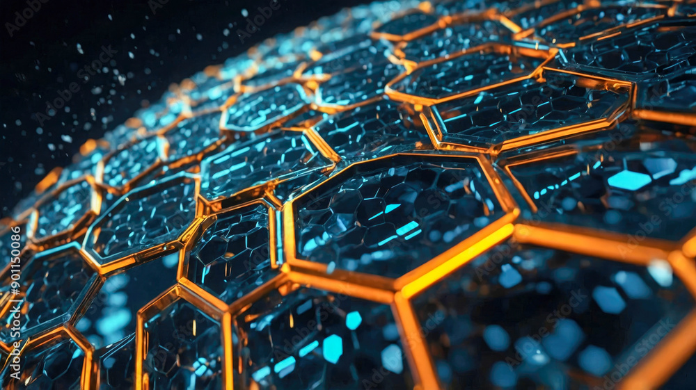 Poster a close-up of a hexagonal network structure with glowing orange edges and blue-tinted glass-like cel