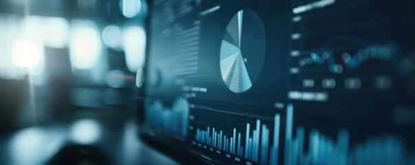 A pie chart and bar graph showing key performance indicators, displayed on a large monitor