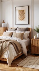 The cozy bedroom features a neatly made bed with white linens and several beige and brown pillows and blankets.