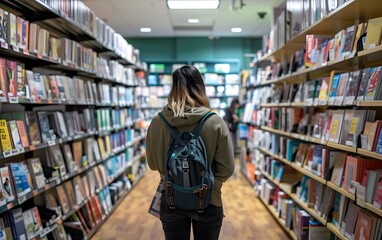 A person with a backpack browses through a library aisle filled with numerous books, representing knowledge and exploration.