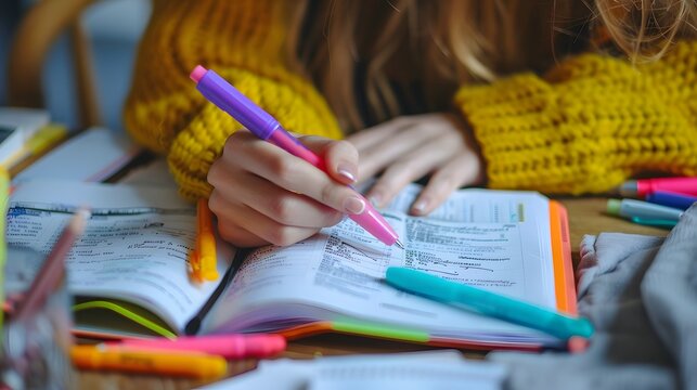 A student is studying with colorful pens and highlighters, making notes in a textbook, focusing on their schoolwork and education.