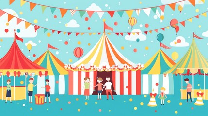 Obraz premium An illustration of a carnival with colorful tents, flags, and people.