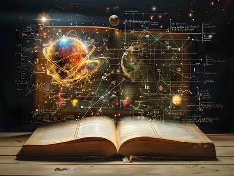 An open book with floating planets, stars, and scientific formulas, symbolizing knowledge, science and imagination in a mystical atmosphere.
