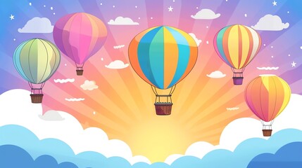 An illustration of colorful hot air balloons floating in the sky.