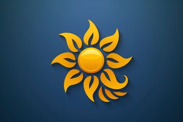 Golden Sun Logo Design with Abstract Leaves on Blue Background