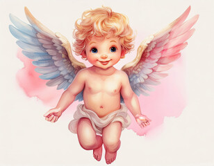 Fototapeta premium A cute Cupid cherub watercolor painting with colorful wings, isolated on a white background, in a whimsical style.