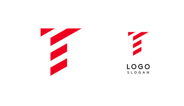 Abstract red geometric letter T with parallel lines. Stripes modern logotype concept, futuristic design for an innovative company, minimalist sporty and technological power style. Vector illustration