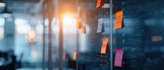 Fototapeta premium Closeup of a glass wall covered in colorful sticky notes, representing ideas and tasks.