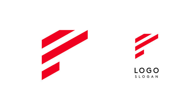 Abstract red geometric letter F with parallel lines. Stripes modern logotype concept, futuristic design for an innovative company, minimalist sporty and technological power style. Vector illustration