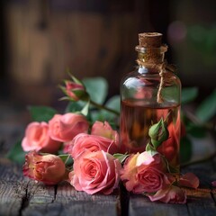 Closeup of a rose extract bottle with fresh roses.