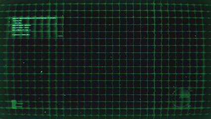 A green digital Sci-Fi style data screen featuring a grid with graphical data.