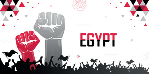 People cheer for Egypt with flags, black and red color combination national patriot banner, nation independence celebration background, raised fist, human hand, strike, parade, riot, protest or rally
