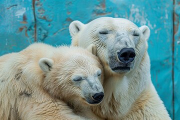 Polar bear mother and cub snuggled together. Heartwarming animal moment captured in the wild. Ideal for nature and wildlife photography themes. High-resolution, vibrant colors. Generative AI