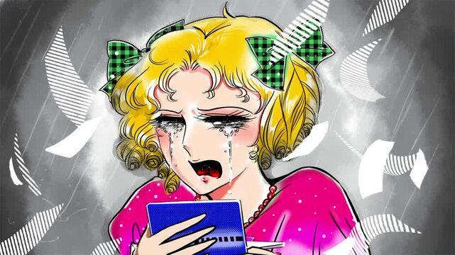 銀行通帳の残高不足に号泣し叫ぶ70年代少女漫画金髪美少女と雨の中お札が舞う背景