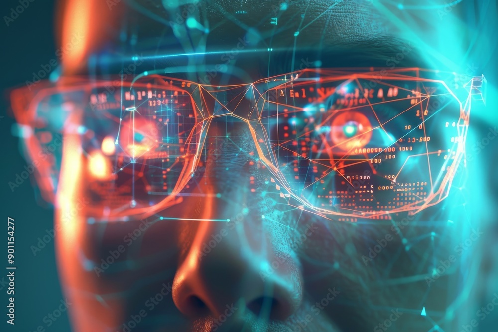Poster high tech augmented reality glasses with glowing red and blue data overlays illustrating advanced ar