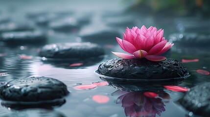 pink lotus floats on top of black stones in the water