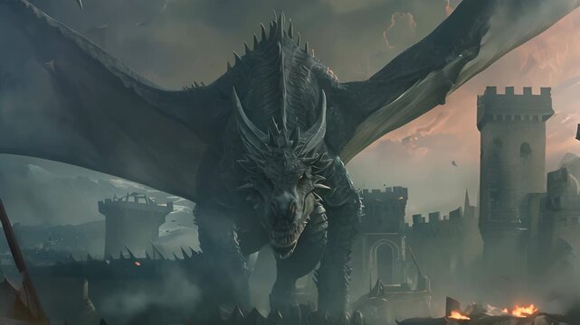 Epic fantasy scene of a powerful dragon in a medieval city, with dramatic sky and ancient castles in the background.