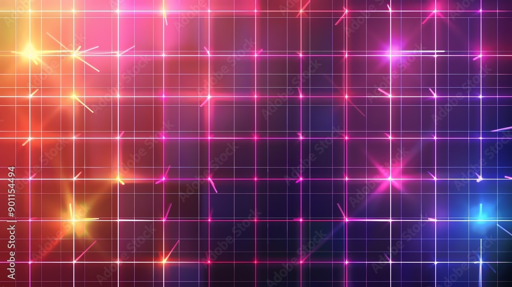 Poster a digital art piece with glowing neon lines on a grid pattern with a colorful background.