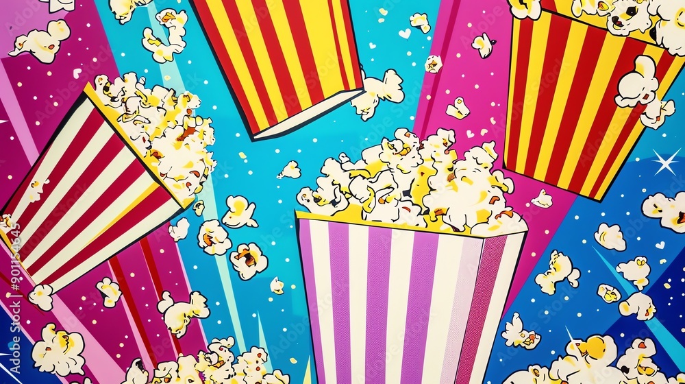 Poster a colorful pattern with popcorn and striped containers.