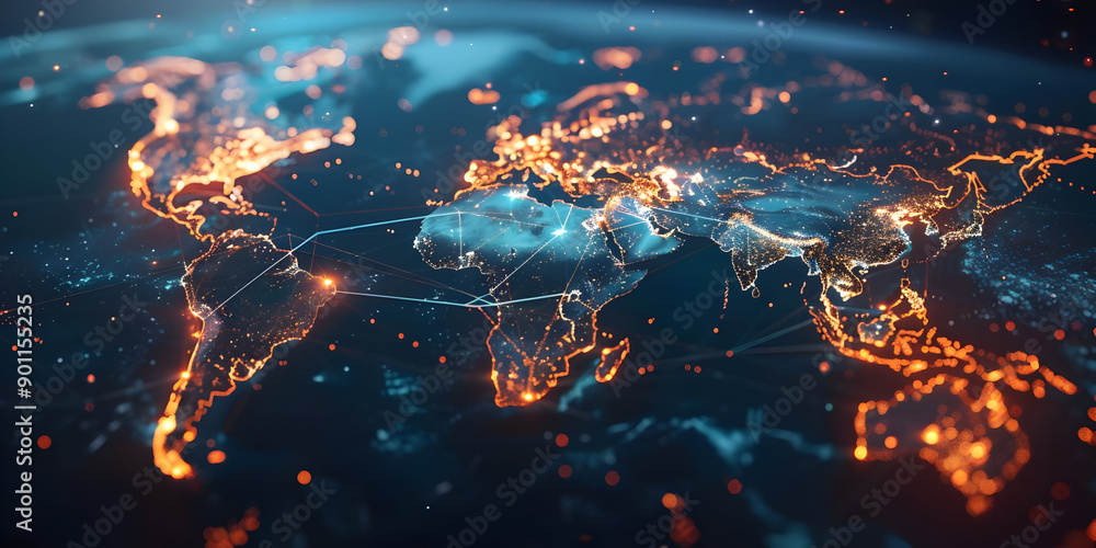 Aufkleber a futuristic world map visualization with glowing lines and nodes representing global connections an