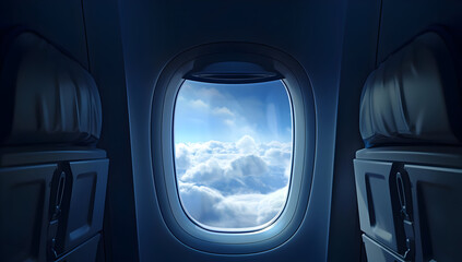 Naklejka premium A serene view of clouds from an airplane window, capturing the tranquil experience of flying above the clouds.