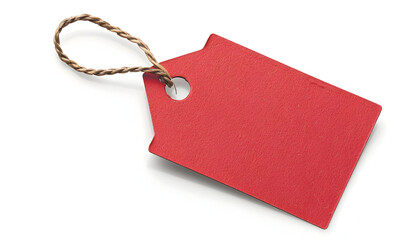 A simple red cardboard tag with a twisted string loop, isolated on a white background. Perfect for labeling, pricing, and organizing.