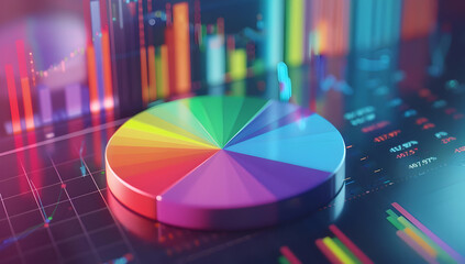 A vibrant and colorful pie chart displayed on a glossy surface with various data graphs and charts in the background.