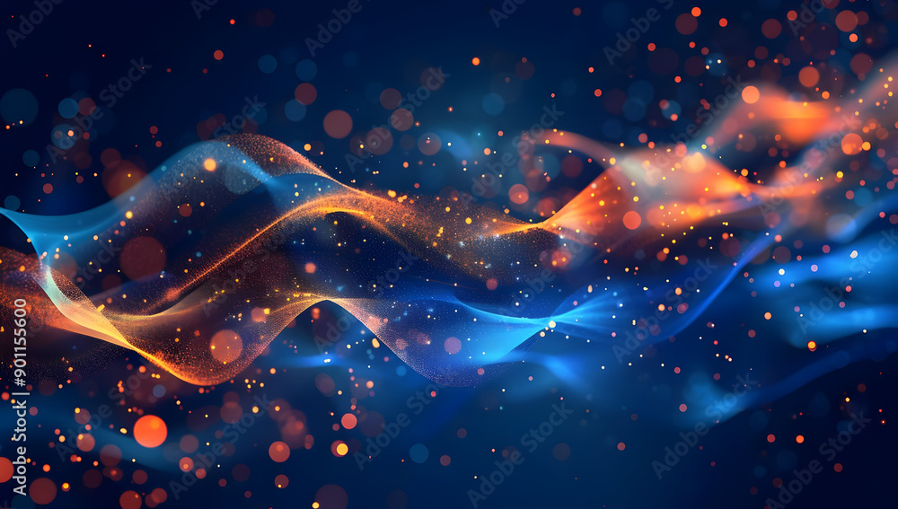 Poster abstract background with glowing orange and blue waves and sparkling particles over a dark backdrop,