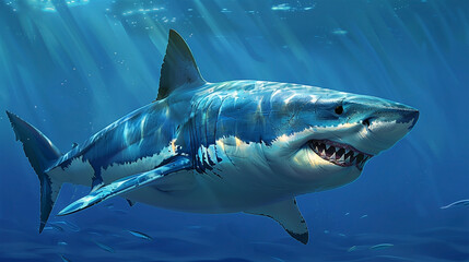 Naklejka premium A stunning digital illustration of a great white shark swimming gracefully in the blue ocean, showcasing its powerful jaws, sharp teeth, and sleek body.