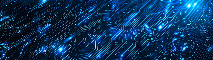 Abstract blue digital circuit board background representing technology, innovation, and futuristic tech concepts with neon lights.