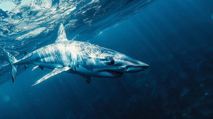 Fototapeta premium A stunning digital illustration of a great white shark swimming gracefully in the blue ocean, showcasing its powerful jaws, sharp teeth, and sleek body.