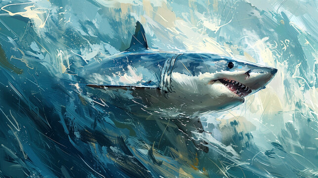 A stunning digital illustration of a great white shark swimming gracefully in the blue ocean, showcasing its powerful jaws, sharp teeth, and sleek body.