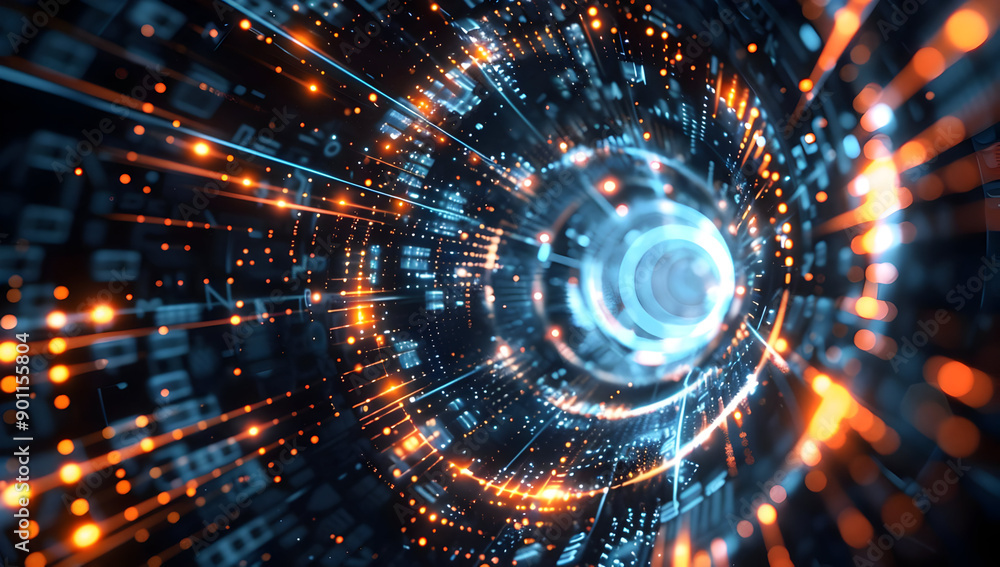 Poster abstract digital technology concept with glowing lights and data flow in futuristic tunnel, represen