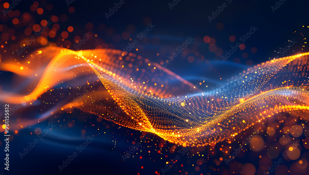 Poster abstract digital wave with blue and orange light effects. futuristic particle flow and technology ba