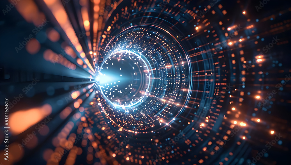 Poster abstract futuristic tunnel with glowing lights and digital patterns, representing data, technology, 