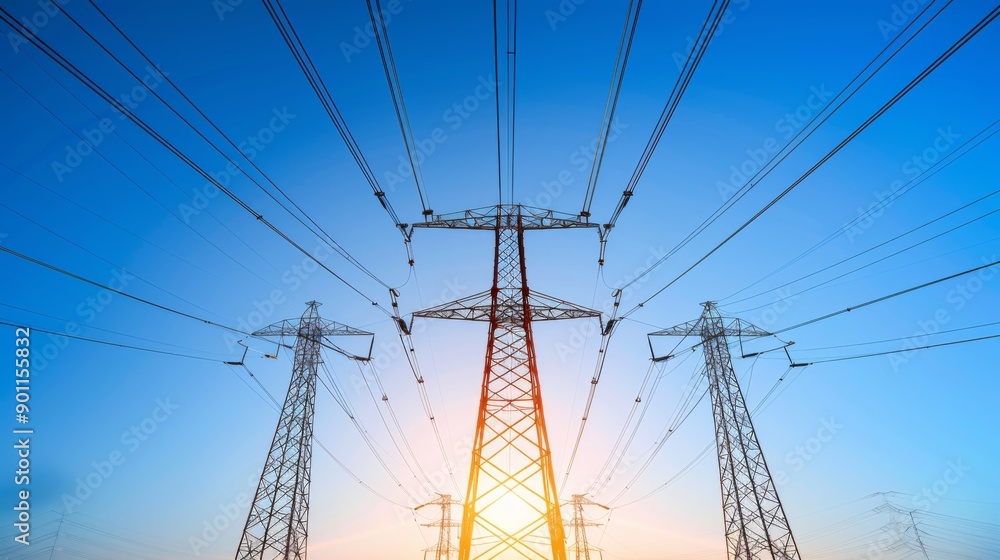 Poster a dramatic view of high-voltage power lines stretching across a clear blue sky, showcasing the infra
