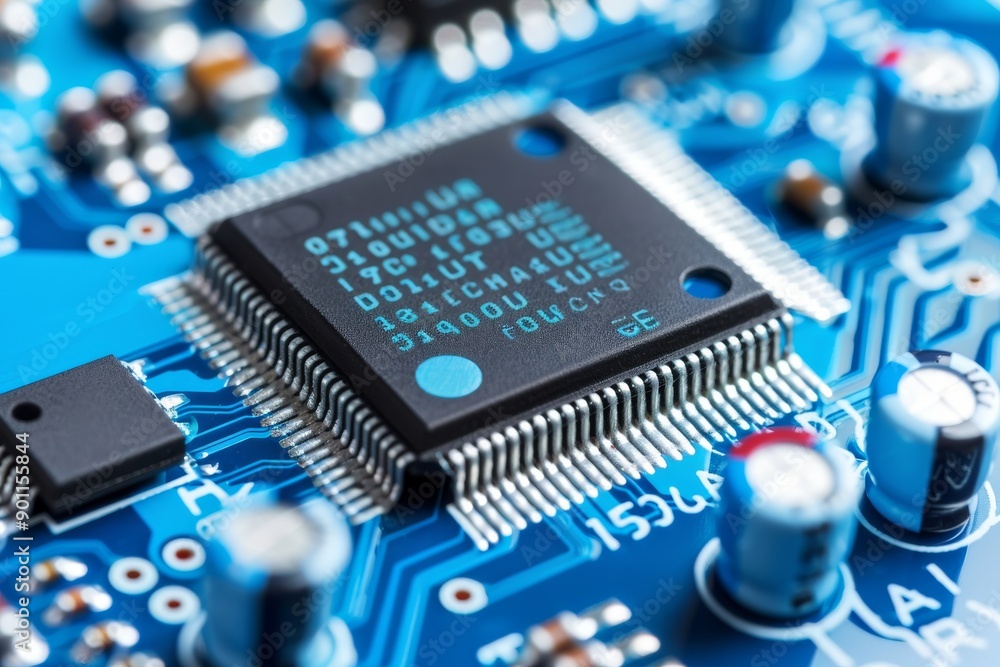 Aufkleber close up of a blue microchip on a circuit board representing advanced microelectronics and high tech