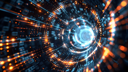 Obraz premium Abstract digital technology concept with glowing lights and data flow in futuristic tunnel, representing speed and connectivity.