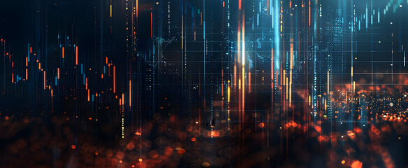 Abstract financial data visualization with futuristic cityscape and glowing charts representing digital information and stock market trends.