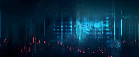 Abstract futuristic financial data graph with digital world map interface in blue and red tones -- technology, finance, analytics concept.