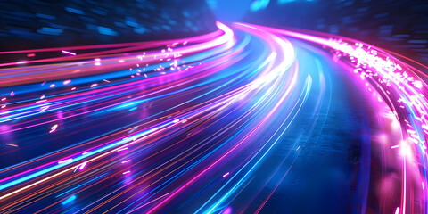 Abstract long exposure light trails in vibrant pink and blue hues, depicting speed, motion, and futuristic technology.
