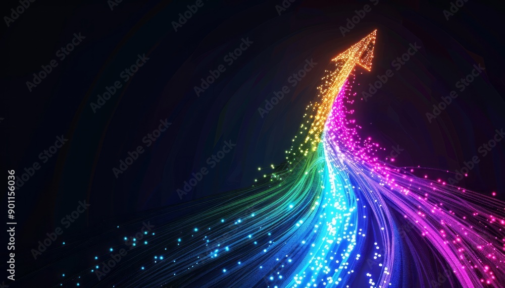 Poster colorful sparkling arrow ascending through dark background in vibrant display of light