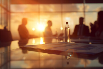 Business meeting at sunset with silhouettes of people, documents, and a water bottle on a reflective table.