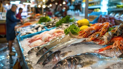 Fish market with various types of seafood on display, highlighting the fishing business, colorful and busy