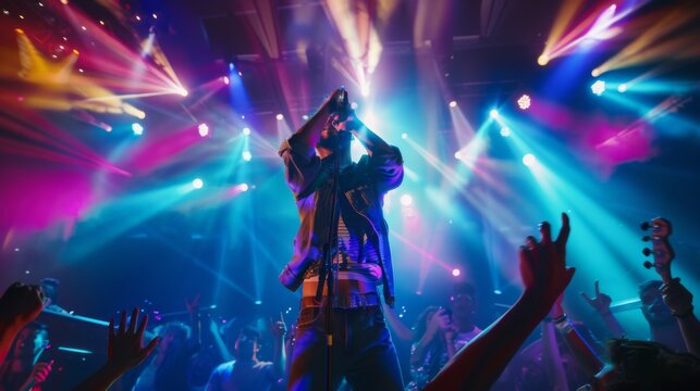 A dynamic singer performing on stage with a microphone, surrounded by colorful stage lights and cheering crowd.