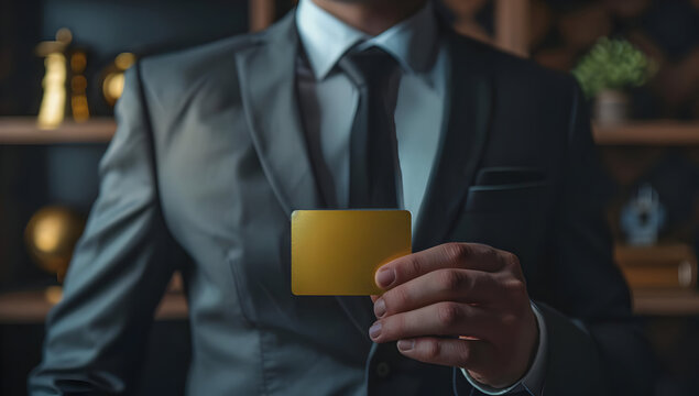 Businessman in a suit holding a golden card, symbolizing luxury, wealth, and premium services or products.