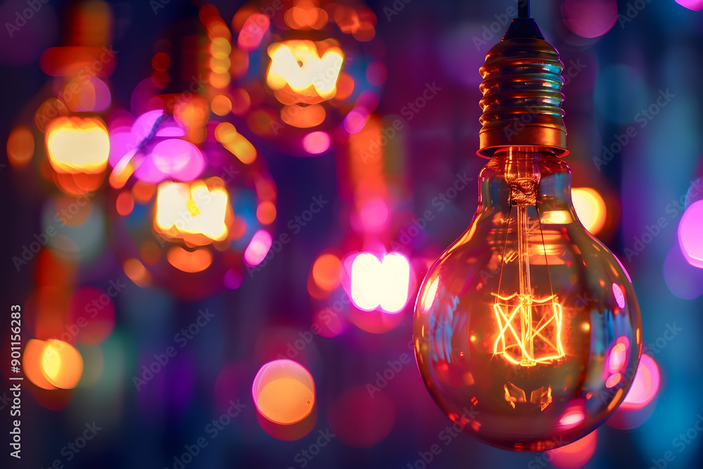 Poster close-up of an illuminated vintage light bulb against a colorful bokeh background, creating a warm a