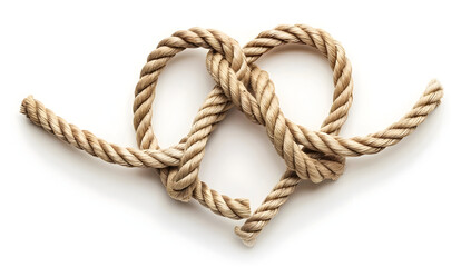 Close-up of a twisted rope knot on a white background, showcasing intricate details of the rope texture and knot design.