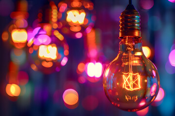 Close-up of an illuminated vintage light bulb against a colorful bokeh background, creating a warm and vibrant atmosphere.